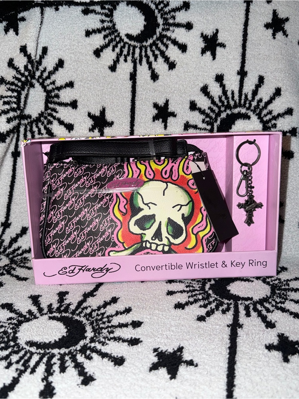 Ed Hardy Convertible Mini Bag / Wristlet Pink & Black Flaming Skull with Charm